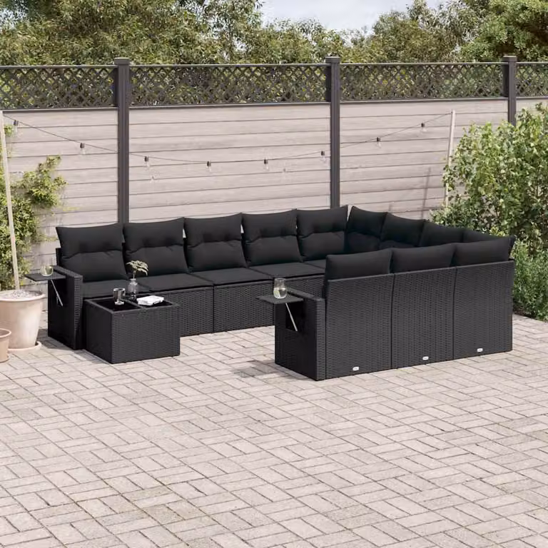 vidaXL Set Divani da Giardino 11 pz in Polyrattan Nero con Cuscini e Tavolino da Esterno