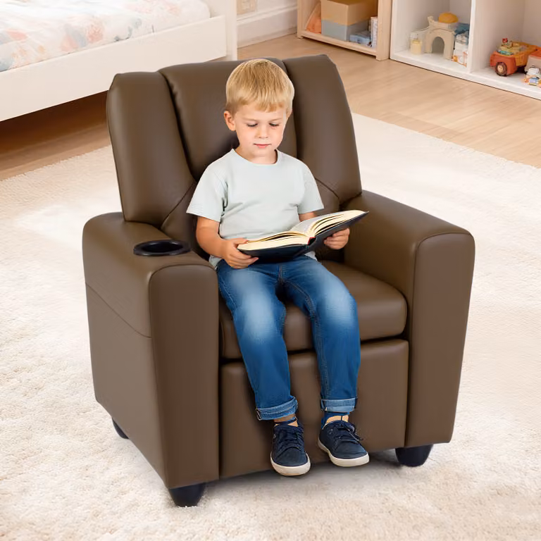 Poltrona reclinabile per bambini Costway in pelle artificiale marrone con poggiapiedi regolabile e porta bicchiere