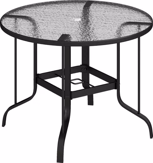 Tavolino da giardino rotondo Outsunny in metallo e vetro temperato con foro per ombrellone, Nero, Ø 96.5 cm, H 71 cm