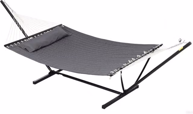 Amaca da giardino portatile con struttura in acciaio e cuscini Xylo in cotone e poliestere, colore grigio scuro, L: 368 cm, P: 93 cm, H: 110 cm