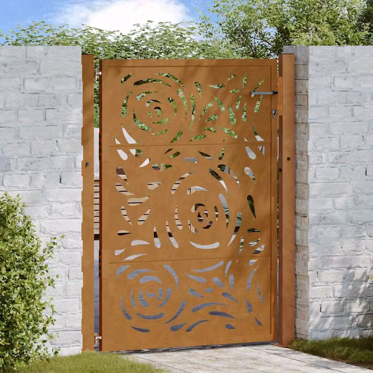 Cancello da giardino singolo vidaXL in acciaio corten marrone con design a fiamma L: 110 cm, H: 155 cm