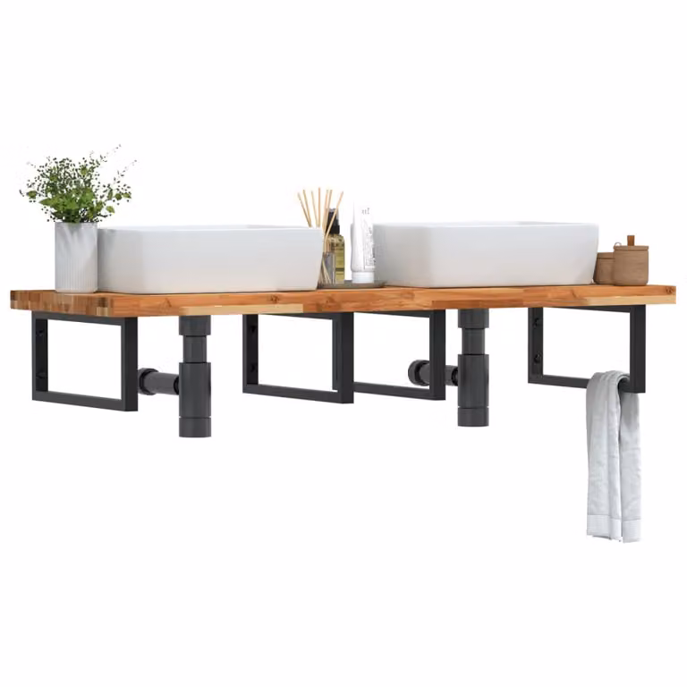 vidaXL Ripiano a Parete per Lavabo Moderno in Acciaio e Legno di Acacia Oliato, Nero e Marrone, L: 60 cm, P: 24 cm, H: 50 cm