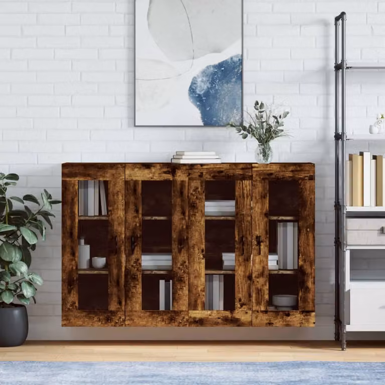 Set di 2 armadietti a parete vidaXL in legno e vetro con ante in vetro, colore marrone rovere, stile industriale