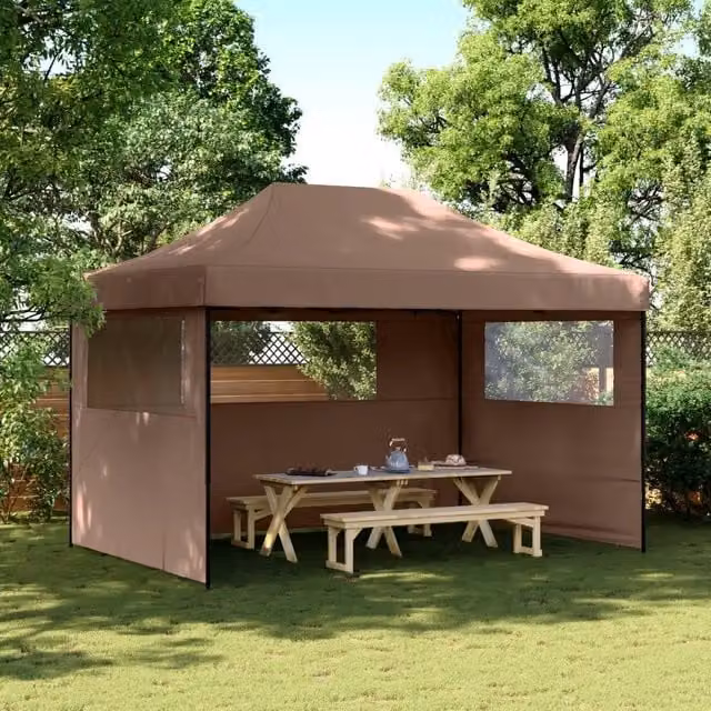 Tendone per feste pop-up pieghevole vidaXL con 3 pareti e finestra, marrone e nero, L: 410 cm, P: 315 cm, H: 279 cm