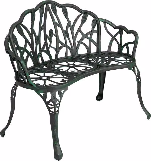 Panca da giardino Outsunny in alluminio pressofuso a 2 posti con schienale a tulipano e seduta floreale, verde antico, L: 99 cm, P: 57 cm, H: 78 cm