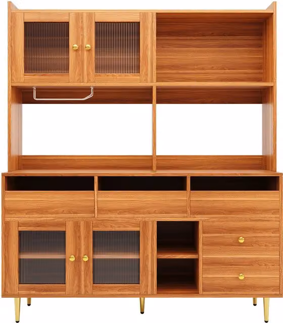 Mobile alto moderno per sala da pranzo e cucina con ante in vetro, portabottiglie e portabicchieri, L/P/H: 145 x 39 x 171 cm, Colore noce