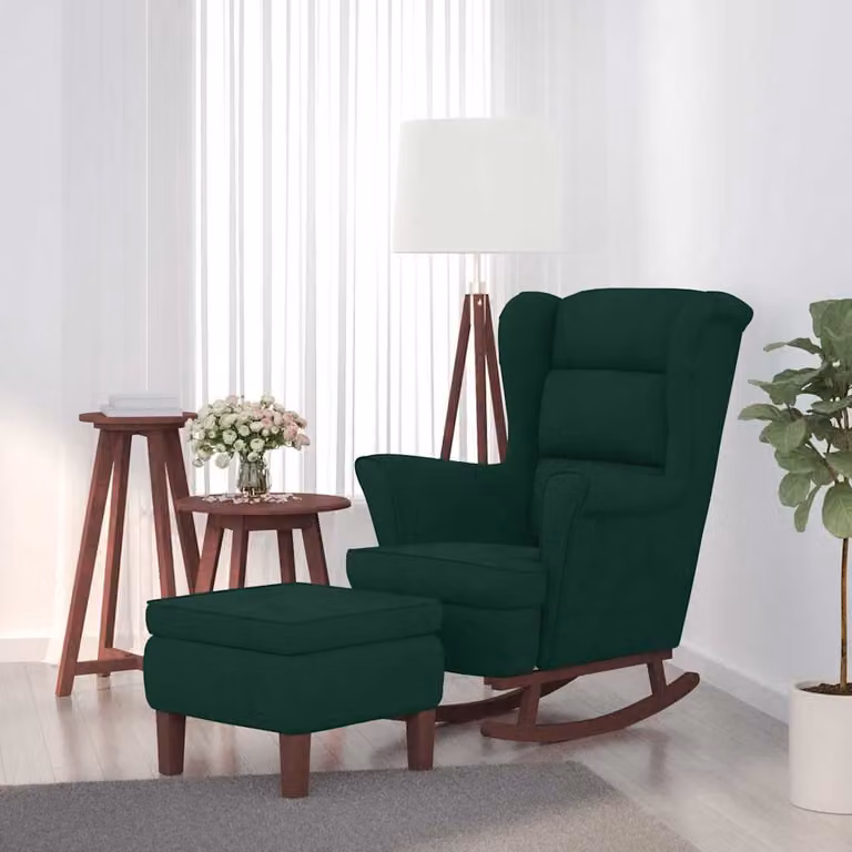 vidaXL Sedia a dondolo con schienale alto in velluto verde scuro e pouf incluso con struttura in legno massiccio