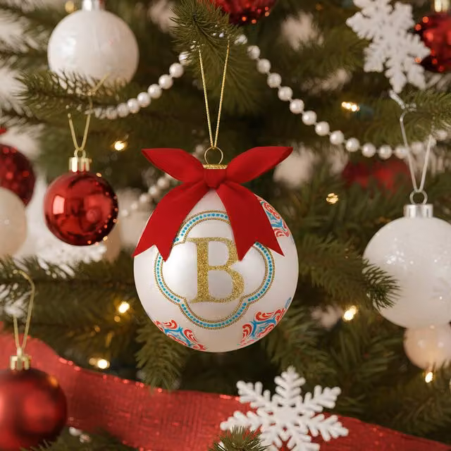Pallina di Natale con lettera B KASANOVA bianca in vetro, diametro 10 cm