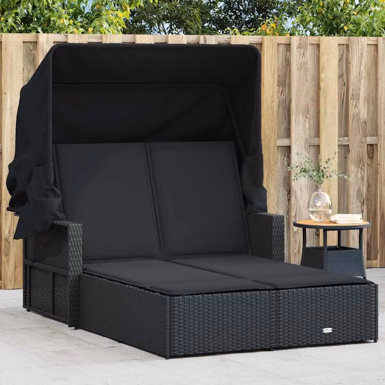 vidaXL Lettino Prendisole Doppio con Baldacchino e Cuscini in Polyrattan Nero