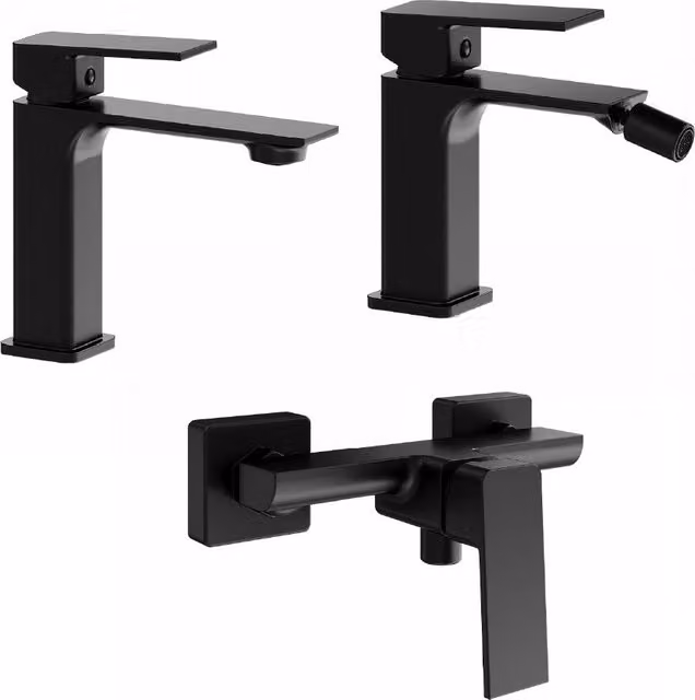 Set di miscelatori Parama Ingrid per lavabo, bidet senza scarico ed esterno doccia in ottone nero opaco