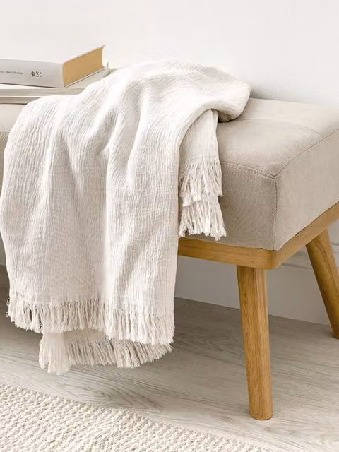 Plaid in cotone bianco con frange Kenay Home
