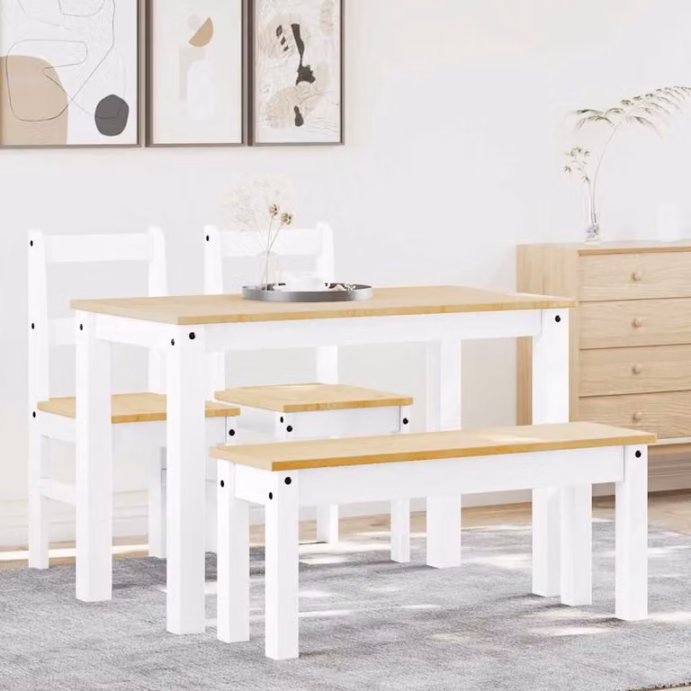 Set da pranzo vidaXL Panama in legno di pino bianco con tavolo rettangolare e sedute