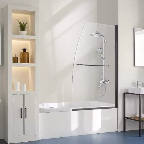 VEVOR Porta Doccia Senza Telaio per Vasca da Bagno in Vetro Temperato Trasparente con Maniglia in Acciaio Inox Nero, L: 86,4 cm, H: 139,7 cm