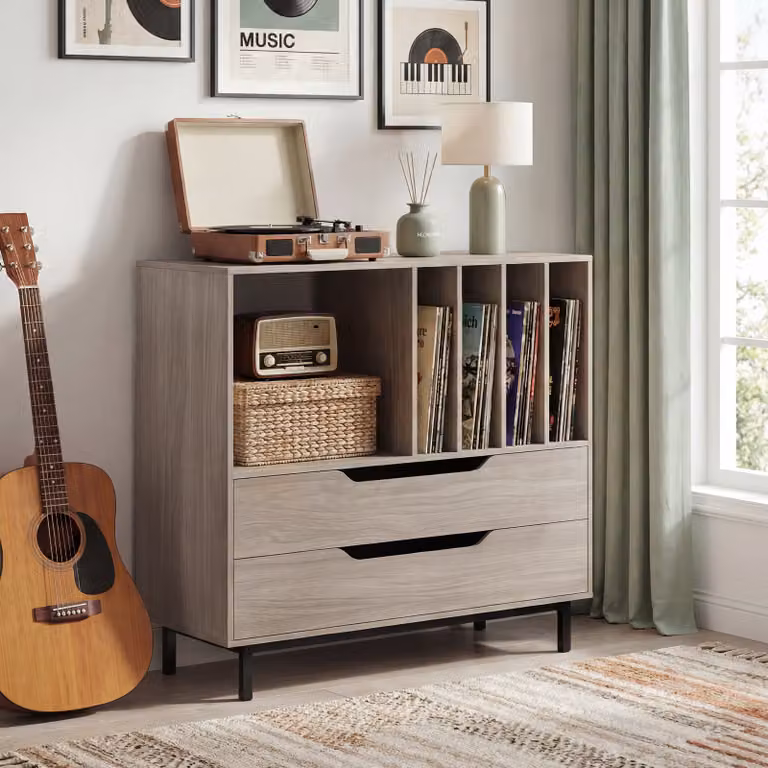 Supporto per giradischi Costway in stile mid-century con 4 ripiani per vinili e 2 cassetti, Grigio