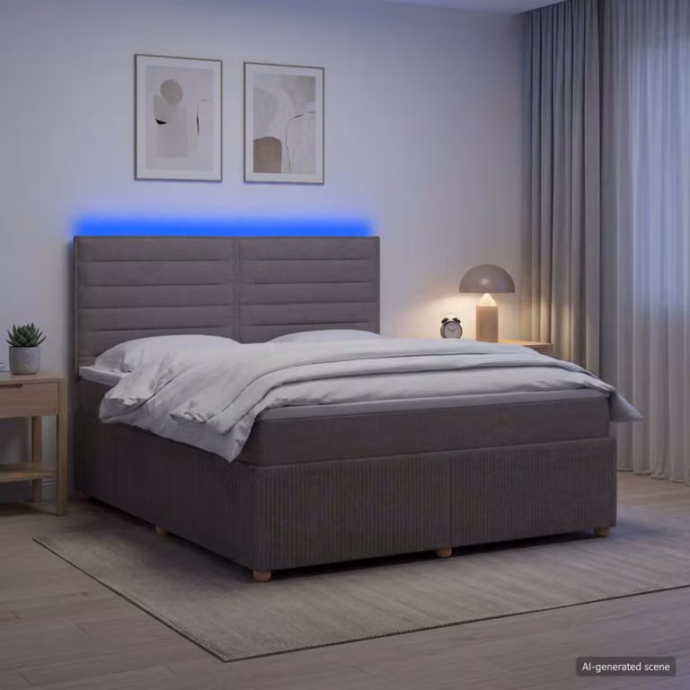 Letto Box Spring vidaXL con Materasso Ibrido e Illuminazione LED, Colore Tortora, L/P: 180 x 200 cm