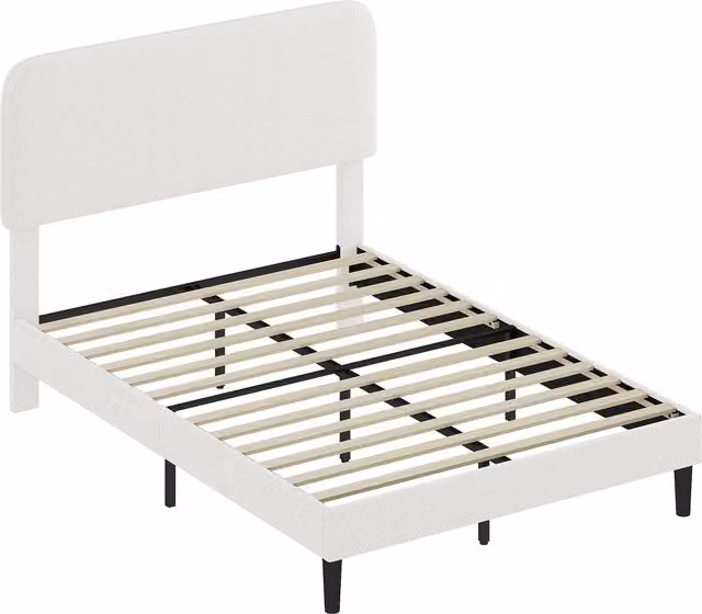 Struttura Letto Matrimoniale HOMCOM con Testata Regolabile in Altezza Rivestita in Tessuto Effetto Borreguito e Doghe in Legno, Bianco