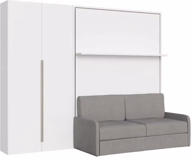 Letto matrimoniale a scomparsa Versia Kivio con divano, mensola e armadio a sinistra, colore bianco, L/P/H: 160 x 200 cm
