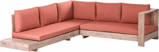 Set Lounge da Esterno Beliani con Divano Angolare Sinistro a 5 Posti in Legno di Acacia e Tavolino, Cuscini Rossi e Struttura Marrone