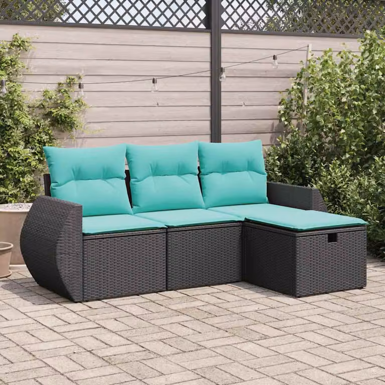 Set Divani da Giardino vidaXL 4 pz a Forma a L con Cuscini, Polyrattan e Struttura in Acciaio, Colore Nero