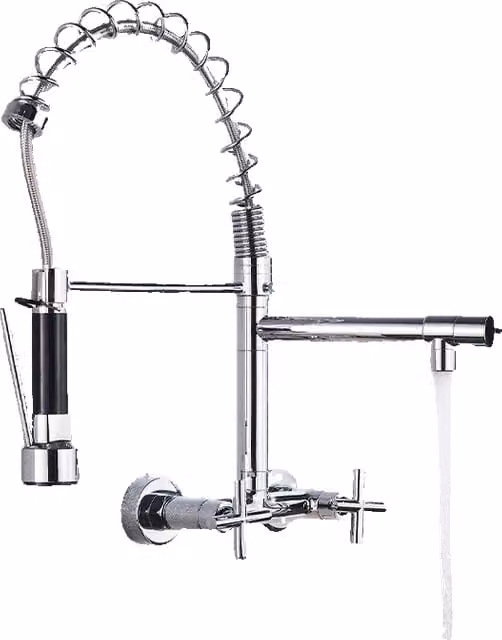 Miscelatore da parete professionale Klarwerk Björn in acciaio inox con doppia doccetta e rubinetto girevole, colore argento brillante