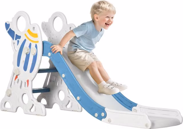 Scivolo per bambini AIYAPLAY a tema spaziale in plastica blu con scale antiscivolo, L 157 x P 46.5 x H 80 cm