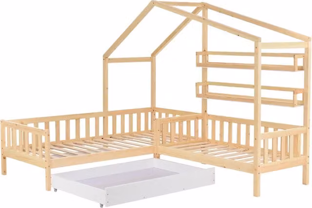 Letto per bambini Chicfurn in legno di pino e MDF con struttura a casetta, cassetto e ripiani, colore bianco e naturale, L/P/H: 200 x 90 x 140 cm