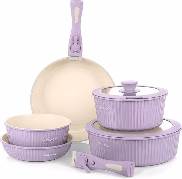 Set di pentole Eaziclip KASANOVA lilla, 9 pezzi in ceramica con manici staccabili
