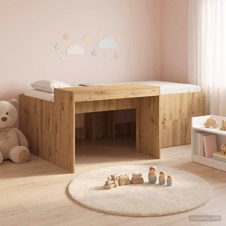 vidaXL Letto alto per bambini con scrivania in legno Rovere Artigianale L: 203 cm, P: 120 cm, H: 133,5 cm