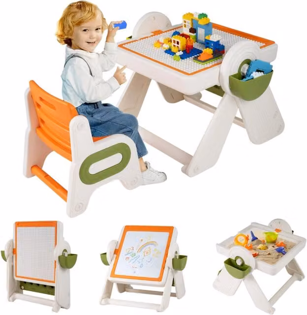Set tavolo e sedia multifunzione 6 in 1 Design Mania per bambini da 0 a 3 anni con piano reversibile pieghevole e altezza regolabile Arancione, Verde o Beige