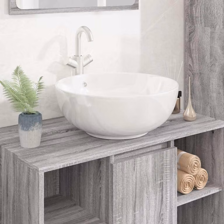 Lavandino rotondo da appoggio vidaXL in ceramica bianca con troppo pieno, L: 44 cm, P: 44 cm, H: 17 cm
