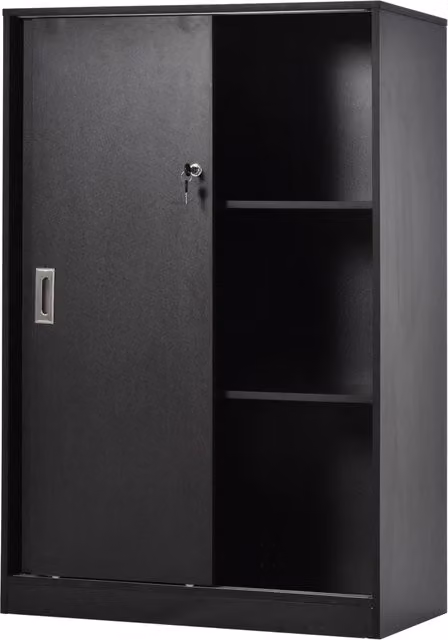 Armadio da ufficio XYLO con 2 ante scorrevoli e serratura, Nero opaco, L: 80 cm, P: 40 cm, H: 120 cm