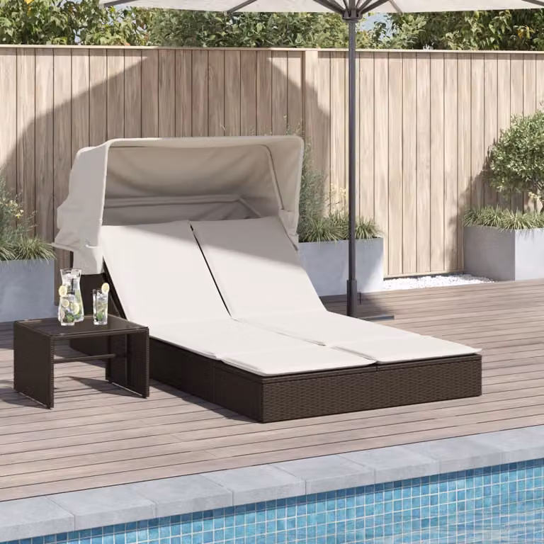 vidaXL Lettino Doppio con Baldacchino e Cuscini in Polyrattan Marrone e Bianco
