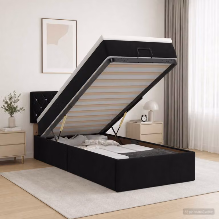 Letto ottomano con materasso vidaXL in velluto nero, L/P/H: 90 x 200 x 128 cm