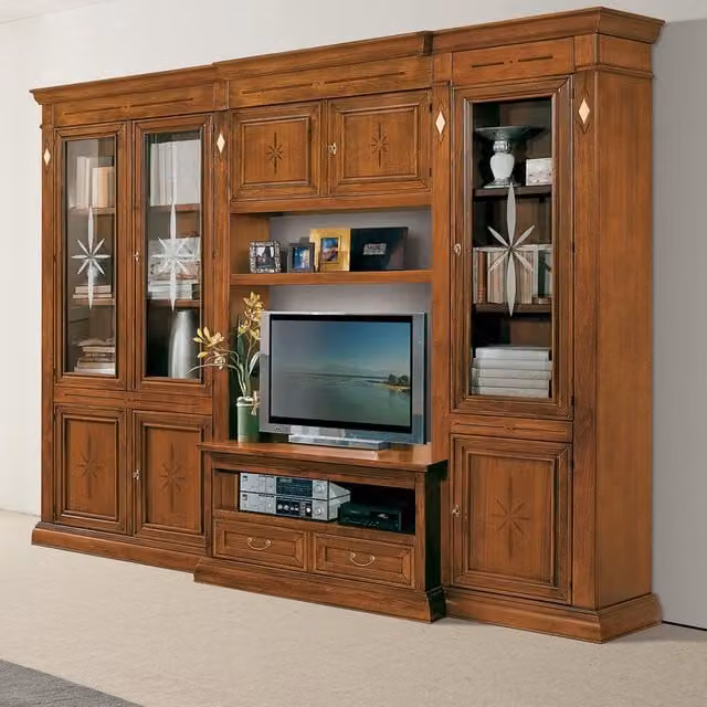 Parete attrezzata classica in legno di pino color noce Bassano di Mobili 2G L: 275 cm, P: 36/60 cm, H: 230 cm