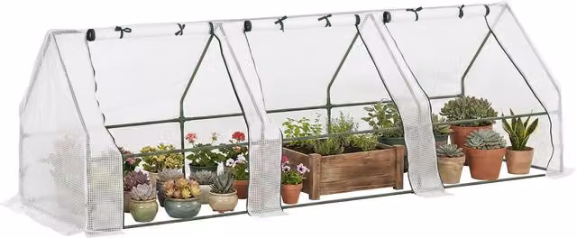 Serra a tunnel da giardino Outsunny con 3 porte avvolgibili, struttura in acciaio e copertura in PE, Bianco, L 270 x P 90 x H 90 cm