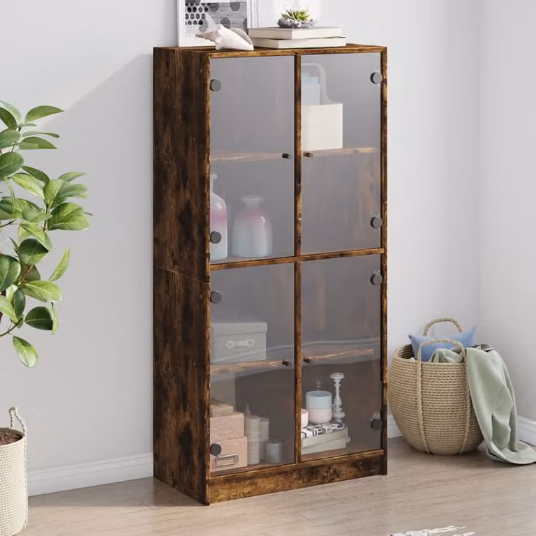 vidaXL Credenza Moderna con Ante in Rovere Fumo e Vetro, Colore Marrone, L: 68 cm, P: 37 cm, H: 142 cm