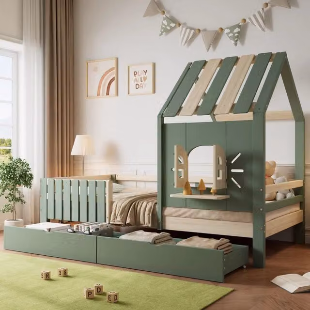 Letto a casetta per bambini OKWISH in pino e MDF con 2 cassetti e recinzione, Verde Naturale, L/P/H: 200 x 90 x 152 cm