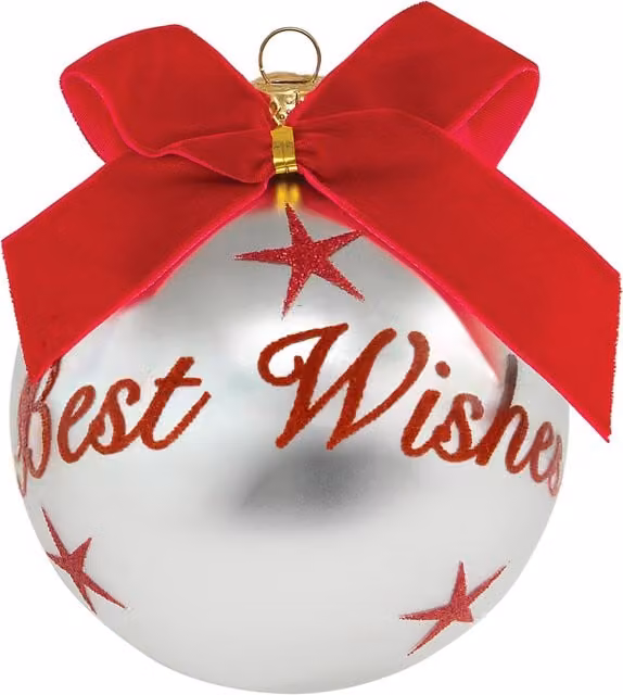 Pallina di Natale Kasanova in vetro rossa e argento con scritta Best Wishes, Diametro: 10 cm