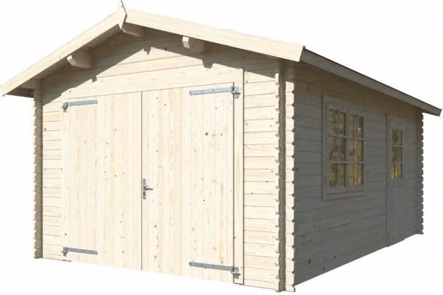 Garage in legno Tony Esterni da Vivere, colore beige, L: 350 cm, P: 520 cm, con portone doppio, porta singola e finestra laterale