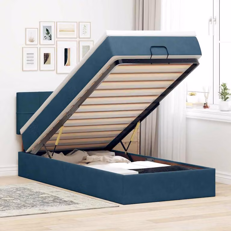 vidaXL Struttura Letto con Materasso e Pouf in Velluto Blu e Bianco, L/P/H: 203 x 100 x 88 cm
