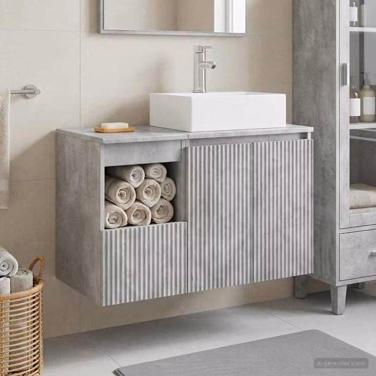 Set di mobili da bagno moderni vidaXL in 2 pezzi Grigio, composto da mobile lavabo e mobiletto laterale sospeso in legno con finitura opaca