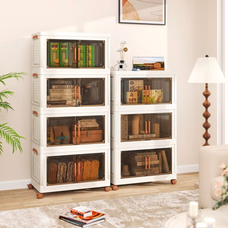Set di 3 contenitori pieghevoli e impilabili con coperchio Costway da 156 l, Bianco e Marrone