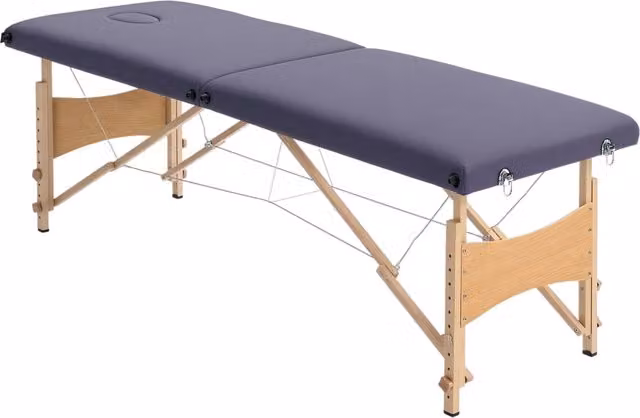 Lettino da massaggio pieghevole XYLO in legno di faggio con altezza regolabile e borsa inclusa, colore viola, L: 186 cm, P: 60 cm