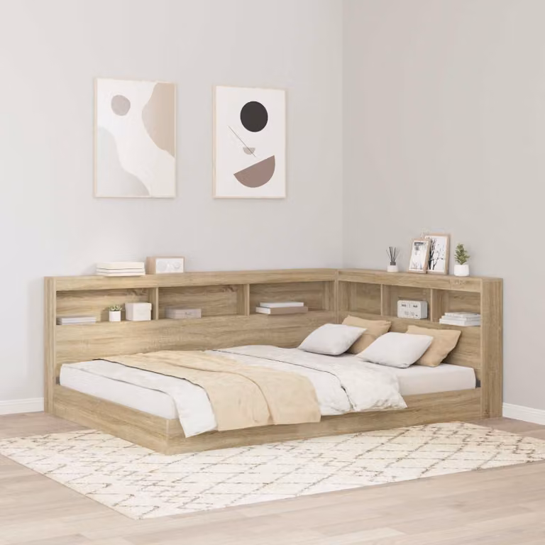 Testata letto con contenitore vidaXL in legno ingegnerizzato e metallo, colore marrone, con ripiano integrato e porta di ricarica USB, L: 217,5 cm x H: 76,5 cm x P: 18,8 cm