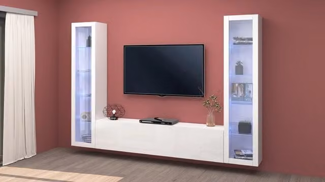 Parete attrezzata sospesa bianca lucida con 2 vetrine per soggiorno e mobile TV Liv WH Shopinnotivo