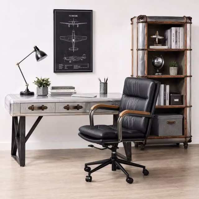 Sedia da ufficio executive girevole a 360 gradi in ecopelle e metallo con braccioli, stile mid-century, colore nero