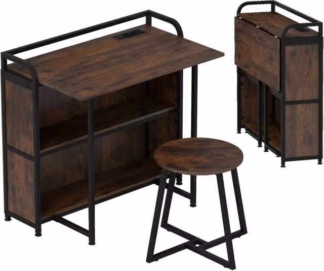 Set scrivania pieghevole Design Mania con scaffale e sgabello in stile industrial, colore marrone, L: 90 cm, P: 55 cm, H: 76 cm