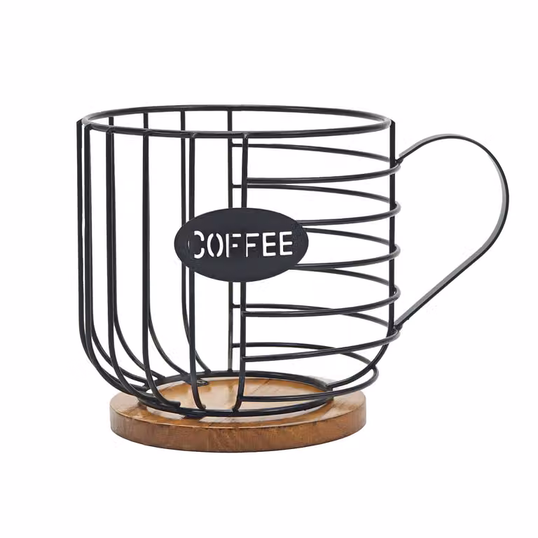 Porta Capsule a forma di Tazza Vestiamo Casa in Metallo e Legno, Colore Nero e Marrone, H 16 x L 22 x P 16 cm