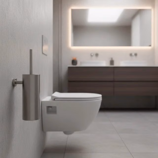 Porta scopino per pulizia water SINED in acciaio inox con spazzola, montaggio a parete, colore oro rosa e finitura canna fucile