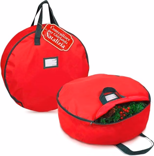 Borsa Contenitore per Ghirlanda Natalizia Saint Joy in Tessuto Impermeabile con Manici e Coperchio, Colore Rosso
